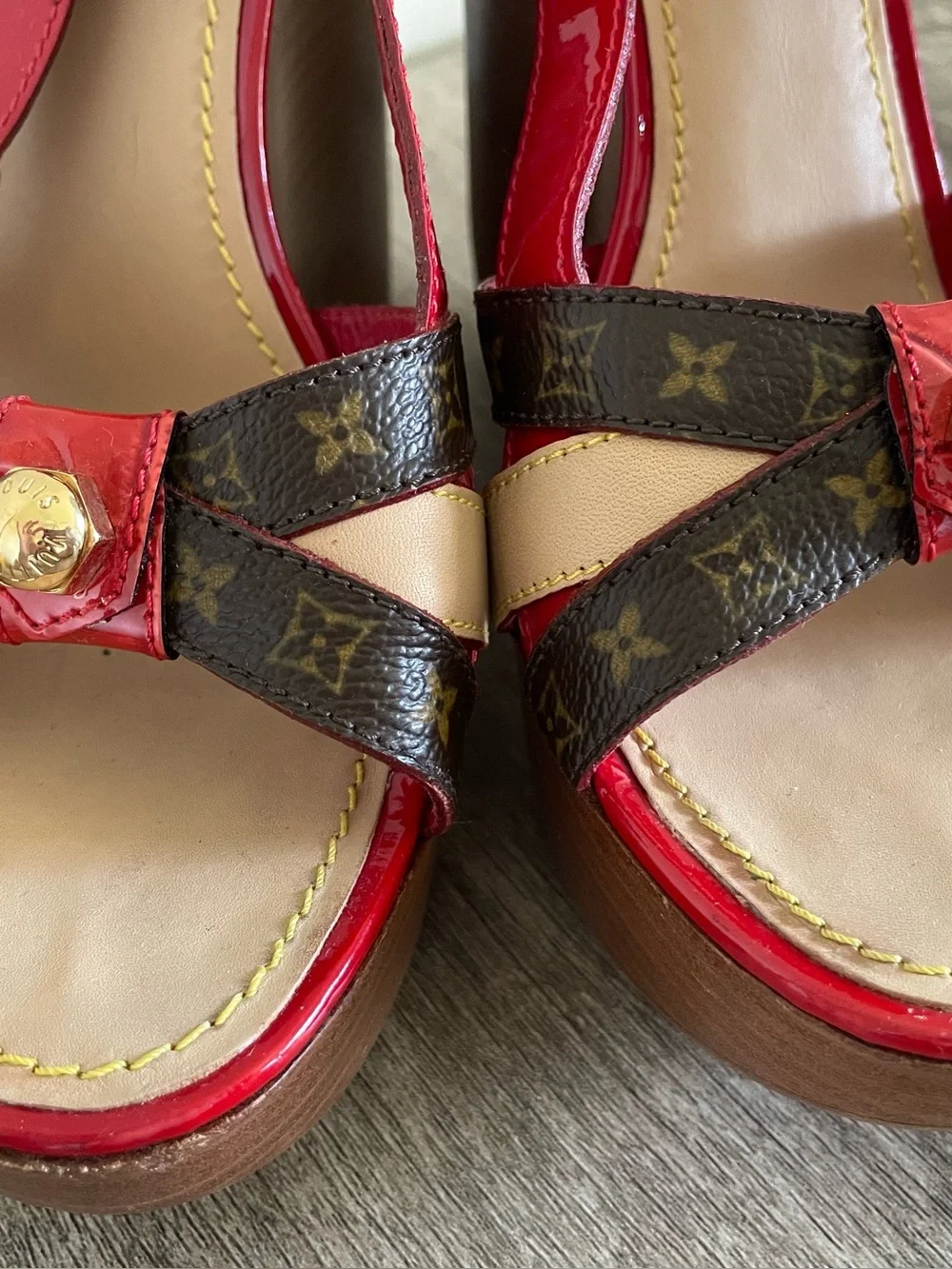 Louis Vuitton Red Patent Wedge Sandals with Brown Monogram Straps